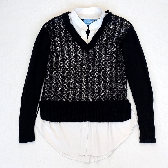 Vintage Simply Vera Navy Blue Lace Long Sleeve Sweater w Built-In White Shirt XS - Picture 9 of 16